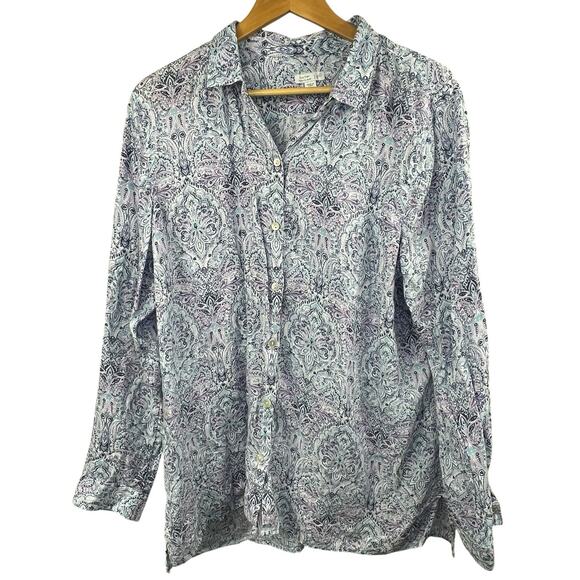J Jill Love Linen Essential Shirt Sz XL Blue Purple Paisley Button Down Shirt - Picture 1 of 9